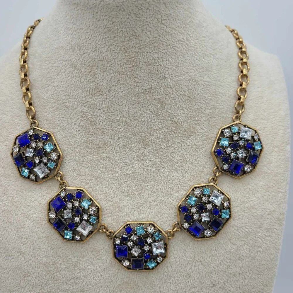 J Crew Octagon Shades of Blue Crystal Statement Necklace